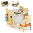 Bear-themed kids art table showing a spacious storage shelf and side hooks for organizing books and art supplies.