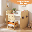 Bear-themed kids art table and chair set with storage, featuring a whiteboard and chalkboard for creative play.