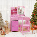 Kids vanity set in pink with lighted mirror, storage drawers, and chair, perfect for imaginative play and organization.