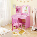 Pink kids vanity set showcasing a lighted mirror and organized storage, designed for imaginative play and safety.