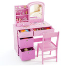 Close-up view of the pink kids vanity set, highlighting the shatterproof acrylic mirror and spacious storage drawers.