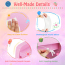 Kids vanity set with lighted mirror, shatterproof acrylic, and anti-collision corners for safe play and ample storage.