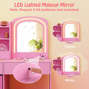Kids vanity set with LED lighted mirror in pink, featuring two color modes and ample storage for cosmetics and toys.