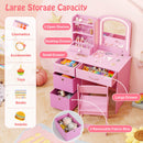 Kids vanity set in pink with lighted mirror, featuring ample storage including shelves and drawers for organization.