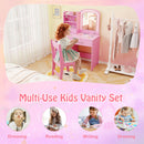 Kids vanity set in pink with lighted mirror, storage drawers, and child-safe features for dressing, reading, and.