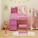 Side view of the pink kids vanity set with a lighted mirror and storage bins, providing a safe space for creative play.