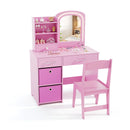 Single pink chair from the kids vanity set, designed for comfort and safety with rounded corners for secure play.