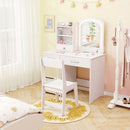 Kids vanity set in white with lighted mirror, ample storage, and child-safe features, perfect for imaginative play.