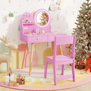 Kids vanity set in pink with a 2-color lit mirror, solid pine legs, and ample storage for beauty essentials.