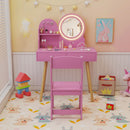 Kids vanity set in pink with 2-color LED mirror, solid pine legs, and ample storage for beauty essentials.