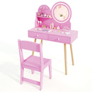 Kids vanity set in pink with a 2-color LED mirror, solid pine wood legs, and ample storage for beauty essentials.