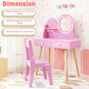 Kids vanity set in pink with a lit mirror, featuring solid pine wood legs and ample storage for beauty essentials.