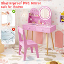 Kids vanity set in pink with shatterproof PVC mirror, solid pine wood legs, and ample storage for beauty essentials.
