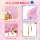 Kids vanity set featuring a pink design, solid pine wood legs, and a 2-color LED mirror for safe, imaginative play.