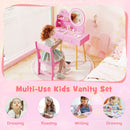 Kids vanity set in pink with a 2-color LED mirror, featuring ample storage and solid pine wood legs for safe play.