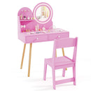 Pink kids vanity set with a spacious desktop, 2 drawers, and a round mirror designed for safe and imaginative play.