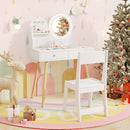 Kids vanity set with white finish, 2-color LED mirror, and ample storage, perfect for safe play and organization.
