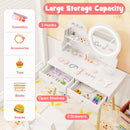 Kids vanity set with 2-color LED mirror, featuring 2 drawers and 3 hooks for organizing beauty essentials and toys.