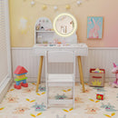 Kids vanity set with white finish, 2-color lit mirror, and ample storage, perfect for safe pretend play in a bright.