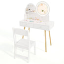 Kids vanity set with white finish, 2-color LED mirror, and ample storage, perfect for pretend play and organization.
