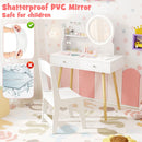 Kids vanity set with 2-color LED mirror, solid pine wood legs, and ample storage for beauty essentials in a safe design.