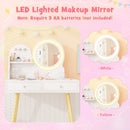 Kids vanity set with 2-color LED mirror, solid pine wood legs, ample storage, and safety features for pretend play.
