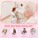 Kids vanity set with 2-color LED mirror, solid pine wood legs, ample storage, perfect for dressing and playtime.