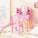Pink princess dressing table and chair set with 2-color lighted mirror, perfect for imaginative play and organization.