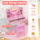 Princess dressing table set in pink with 2-color lit mirror, 6 shelves, and 2 drawers for organizing toys and.