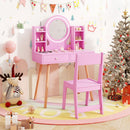 Pink princess dressing table and chair set with 2-color lit mirror, large tabletop, and storage for imaginative play.