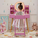 Back view of the pink princess dressing table and chair set, featuring a captivating 2-color lighted mirror for.