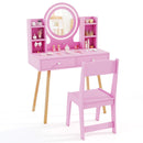 Pink princess dressing table and chair set with 2-color lighted mirror, ample storage, and rounded corners for safety.