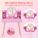 Princess dressing table set in pink with 2-color lighted mirror, large tabletop, and storage for toy makeup and.