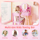 Kids vanity set in pink with a 2-color lighted mirror, large tabletop, and storage for imaginative play and grooming.