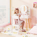 Kids' vanity set with 2-color lighted mirror, large tabletop, and storage, perfect for imaginative play and grooming.