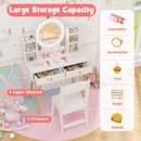 Princess dressing table set with 2-color lit mirror, 6 shelves, and 2 drawers for organizing kids' cosmetics and toys.