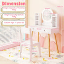 Princess dressing table and chair set in white with 2-color lit mirror, featuring ample storage for kids' accessories.