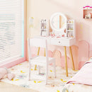 Princess dressing table and chair set with 2-color lighted mirror, large tabletop, and storage for kids' accessories.