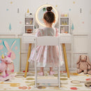 Kids' princess dressing table set with 2-color lit mirror, large tabletop, and storage for toy makeup accessories.