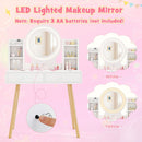 Princess dressing table set with 2-color lighted mirror, large tabletop, and storage for toy makeup accessories.