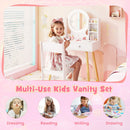 Kids vanity set with white dressing table and chair, featuring a 2-color lighted mirror and ample storage for.
