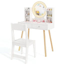 Princess dressing table and chair set with 2-color front-lit mirror, large tabletop, and ample storage for kids' play.