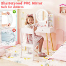 Princess dressing table set with 2-color lighted mirror, large tabletop, and storage shelves for imaginative play.