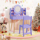 Purple kids vanity set with 2-color lighted mirror, large tabletop, and storage shelves for imaginative play.
