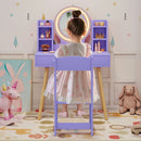 Kids vanity set in purple with a lighted mirror, large tabletop, and storage, perfect for imaginative play and grooming.