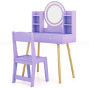 Kids vanity set in purple with 2-color lighted mirror, large tabletop, and storage for toy makeup and accessories.