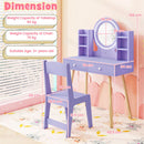 Kids vanity set in purple with a lighted mirror, large tabletop, and storage shelves for imaginative play and.