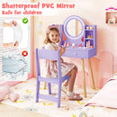 Purple kids vanity set with a 2-color lighted mirror, large tabletop, and storage shelves for imaginative play.