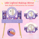 Kids vanity set in purple featuring a 2-color lighted mirror, large tabletop, and storage for toy makeup and.