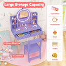 Purple kids vanity set with a 2-color lighted mirror, featuring 6 shelves and 2 drawers for organizing toys and.